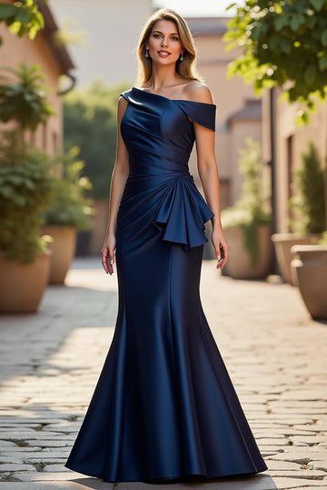 Mermaid Navy Satin Ruched Mother Of The Bride Dress